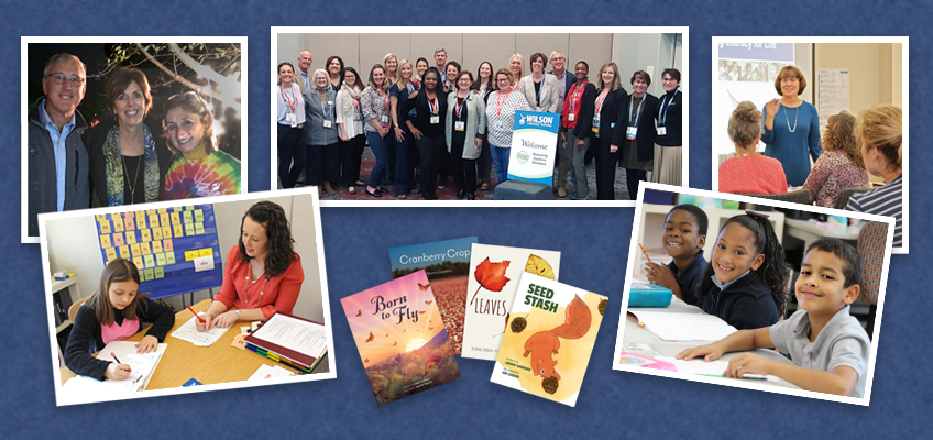 Collage of diverse educational scenes: group photos of adults in workshops, a teacher reading to students, children doing schoolwork, and three children's books, including Born to Fly and Seed Stash.