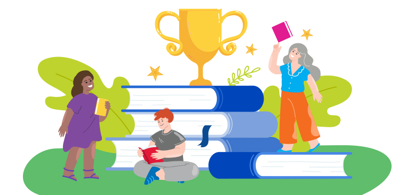 Three illustrated people with books gather around a stack of large books topped with a gold trophy. One stands holding a book, another sits reading, and the third raises a book. Stars and green leaves are in the background.