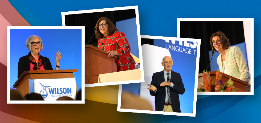 Four speakers are shown at separate events, each at a podium. The background has colorful abstract patterns. The podiums display the WILSON Language Training logo. Each individual is dressed in business attire.
