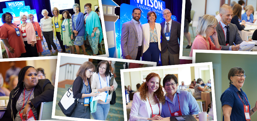 A collage of various people engaging in a professional conference setting. Participants are smiling, talking, and working together. Background features conference banners and presentation screens with Wilson Language Training visible.