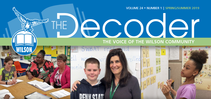 Cover of The Decoder magazine, Volume 24, Number 1, Spring and Summer 2019. Features the Wilson community with images of students and staff interacting in educational settings. Blue and green color theme with an eagle logo.