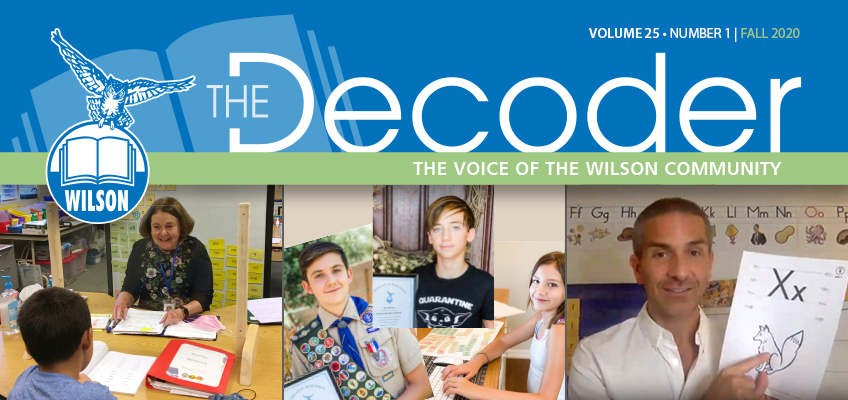 Cover of The Decoder magazine, Volume 25, Fall 2020. Features people reading, writing, and posing with books. Includes children displaying artwork and a man holding an illustrated letter X with a fox. The Wilson logo is at the top left.