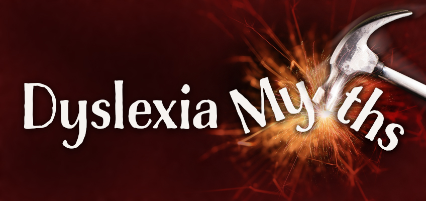 Text Dyslexia Myths with a hammer breaking through the letter y against a dark background with sparks and a dynamic effect.