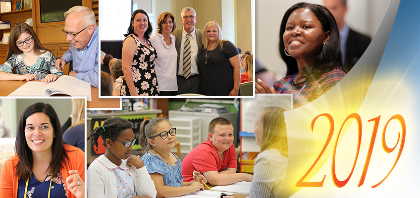 Collage of people in educational settings, with a group photo, a teacher with a student, students at desks, and a smiling woman. The year 2019 is prominently displayed with a sunburst design.