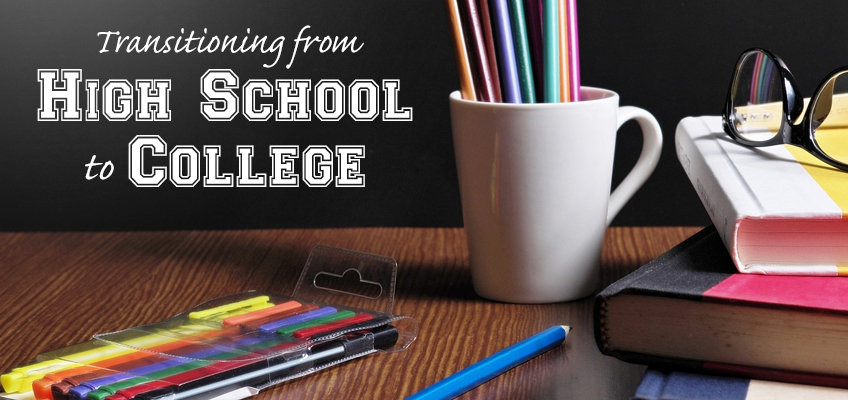 A wooden desk with colorful pencils in a white mug, assorted pens, glasses, and stacked books. The text reads Transitioning from High School to College.