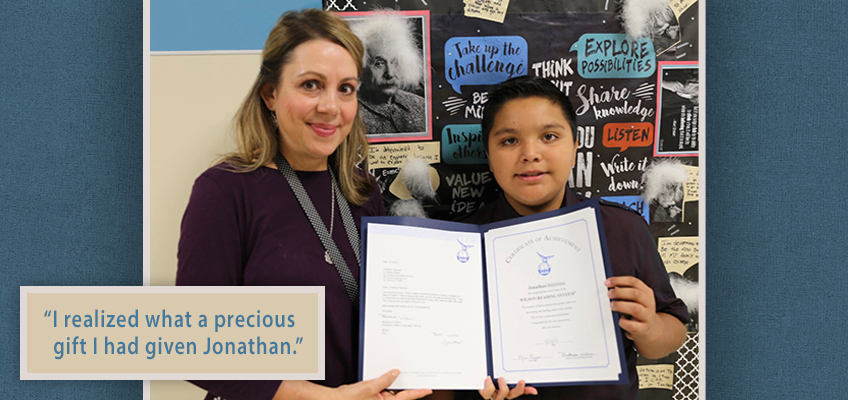 A woman and a child stand together, holding a certificate. The background features a motivational bulletin board with phrases like Explore possibilities and Think outside the box. A quote in the image reads, I realized what a precious gift I had given Jonathan.