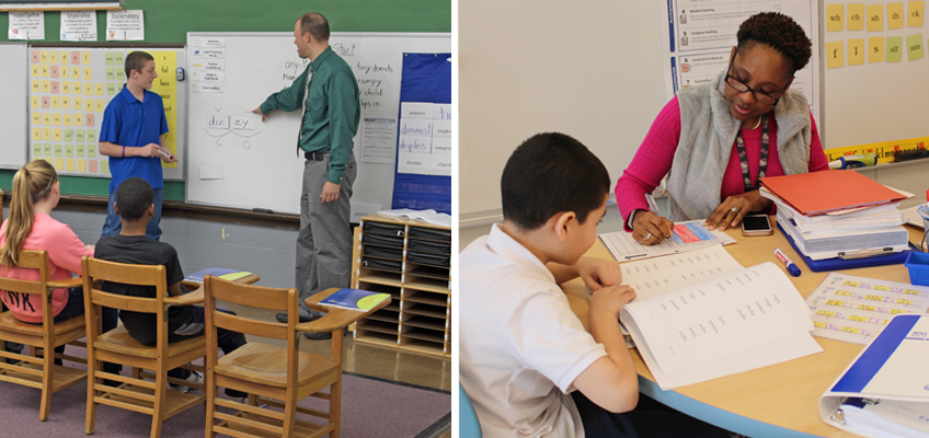 Left: A teacher explains math on a whiteboard to a standing student; other students are seated. Right: A teacher assists a student with reading; both are seated at a desk with books and papers. Both scenes are in classroom settings.