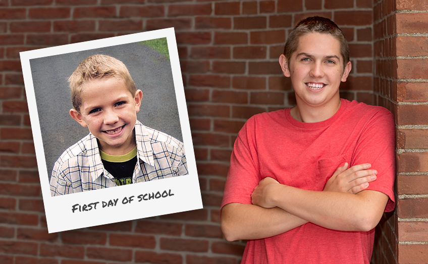 A young boy in a First Day of School photo is shown on a pinned snapshot. Next to it, he poses as a teenager wearing a red t-shirt, leaning against a brick wall with arms crossed, smiling at the camera.