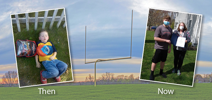 A split image labeled Then and Now. On the left, a young child sleeps on grass with a backpack. On the right, a teenager stands with an adult, both wearing masks, holding a certificate. A football goalpost is in the center.