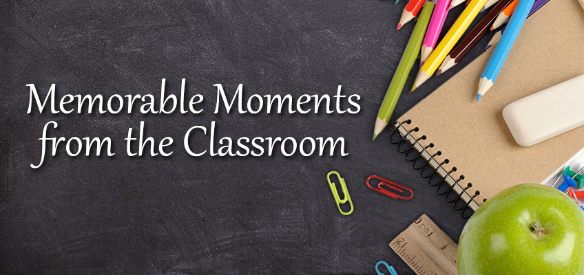Chalkboard background with Memorable Moments from the Classroom written in white. To the right, colored pencils, a spiral notebook, paper clips, an eraser, a ruler, and a green apple are arranged.