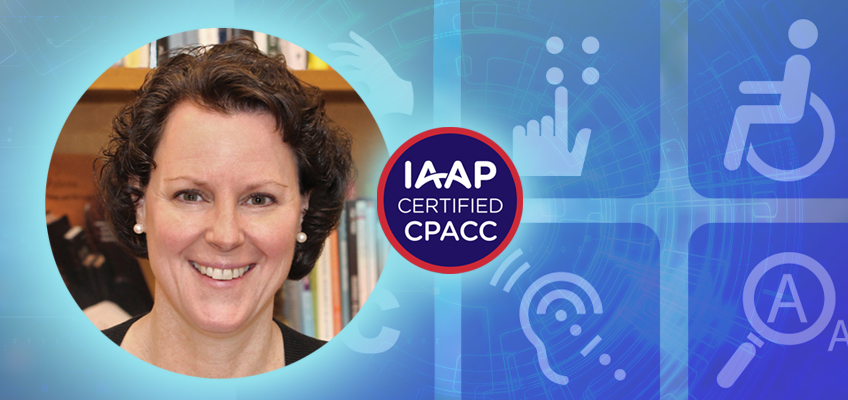 Portrait of a smiling person with short, curly hair on a blue background featuring accessibility icons like a wheelchair and an eye. A badge reads IAAP Certified CPACC.