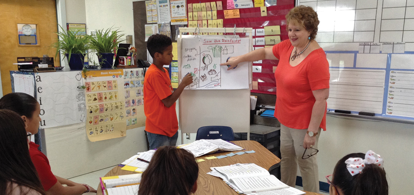 A teacher wearing an orange shirt stands and points to a student’s poster on a stand. The student, in a red shirt, discusses it with classmates at a table. The classroom is decorated with charts and educational materials.
