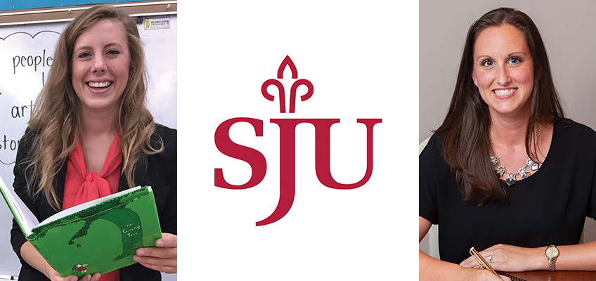 Left: A woman holding a book with a smile, in front of a whiteboard. Center: SJU logo in red. Right: A woman wearing a black shirt, sitting at a desk with a pen, smiling.