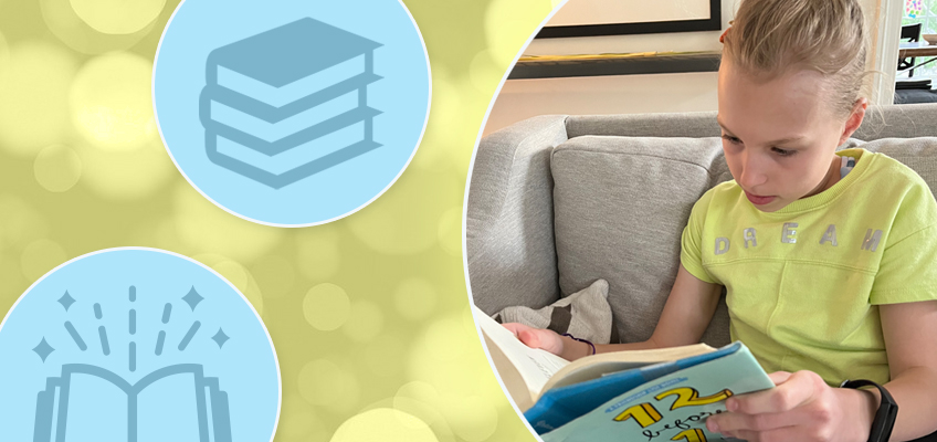 A child in a yellow shirt reads a book on a gray sofa. The background features two circular icons, one with a stack of books and another with an open book and sparkles. The overall color scheme is soft and calming.