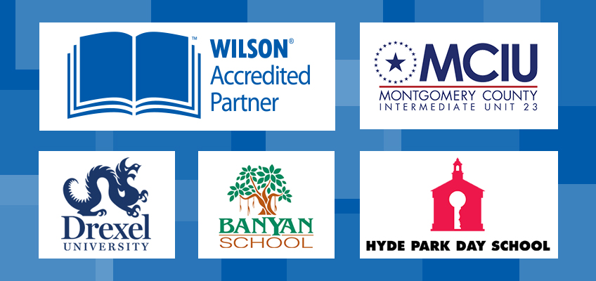 A graphic featuring logos of educational organizations: Wilson Accredited Partner, MCIU Montgomery County Intermediate Unit 23, Drexel University, Banyan School, and Hyde Park Day School, set against a blue background.
