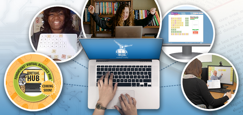 A collage featuring a person with a laptop, a person excitedly spreading arms, a video call, a computer with a color-coded chart, a badge stating Virtual Hub Coming Soon, and a man in an online session in the background.