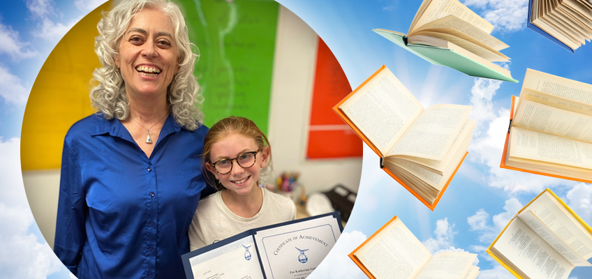 A smiling woman stands beside a young girl holding a certificate of achievement. Both are indoors. In the background, there are colorful abstract shapes and open books floating against a sky with clouds.