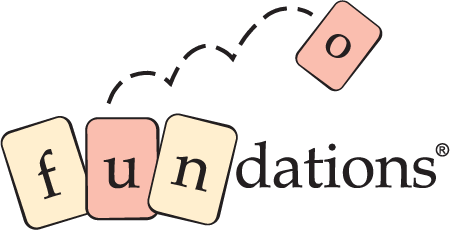 The image displays the text "fundations" in lowercase letters. The letters "f," "u," and "n" are on individual tiles, with the "o" on a separate tile above, depicted in motion with dashed lines.