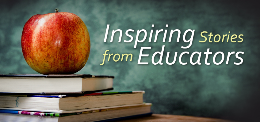 A red apple sits on a stack of books against a textured green background. The text reads Inspiring Stories from Educators in white and yellow letters.