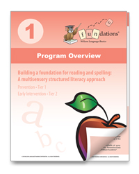 The image shows the cover of a program guide titled Fundations, Wilson Language Basics, Program Overview. The cover features a cartoon owl wearing glasses reading a book, the number 1, an apple with a leaf, and floating letters a, b, and c.
