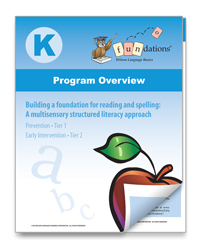 Cover of Fundations program overview for Kindergarten, depicting a cartoon owl holding a book, a leaf with a pencil inside, and letters a, b, and c. It mentions Building a foundation for reading and spelling: A multisensory structured literacy approach.