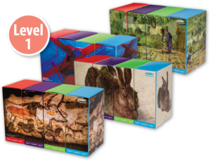 Image showing multiple boxes of educational materials labeled Level 1. Each box set features colorful designs and pictures of animals and nature scenes. The boxes are divided into different levels and modules, neatly organized in a staggered layout.