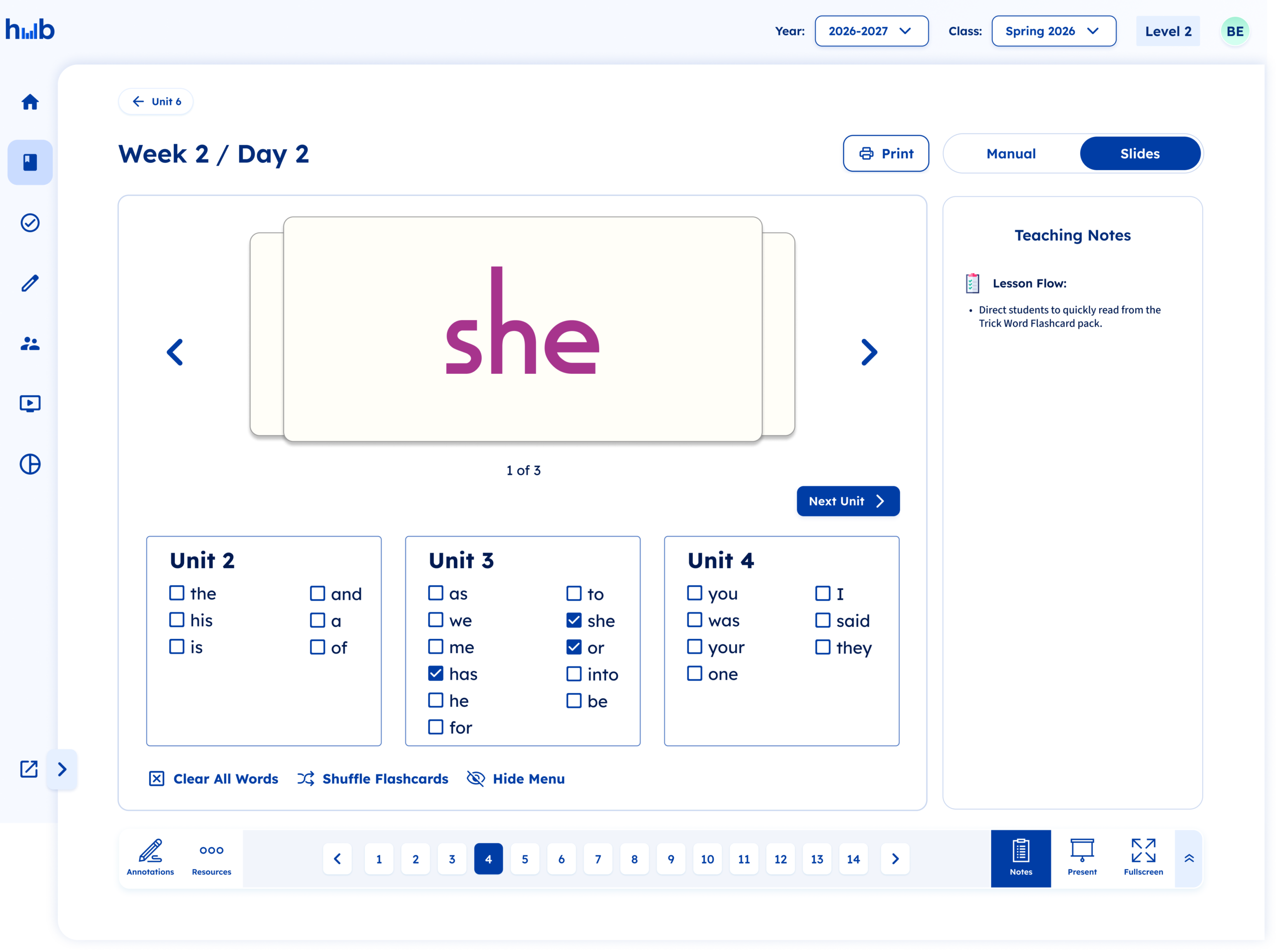 Digital flashcard interface showing the word she in large text, with checkboxes for selecting words from Units 2 through 4 and navigation tools for progressing through the lesson.