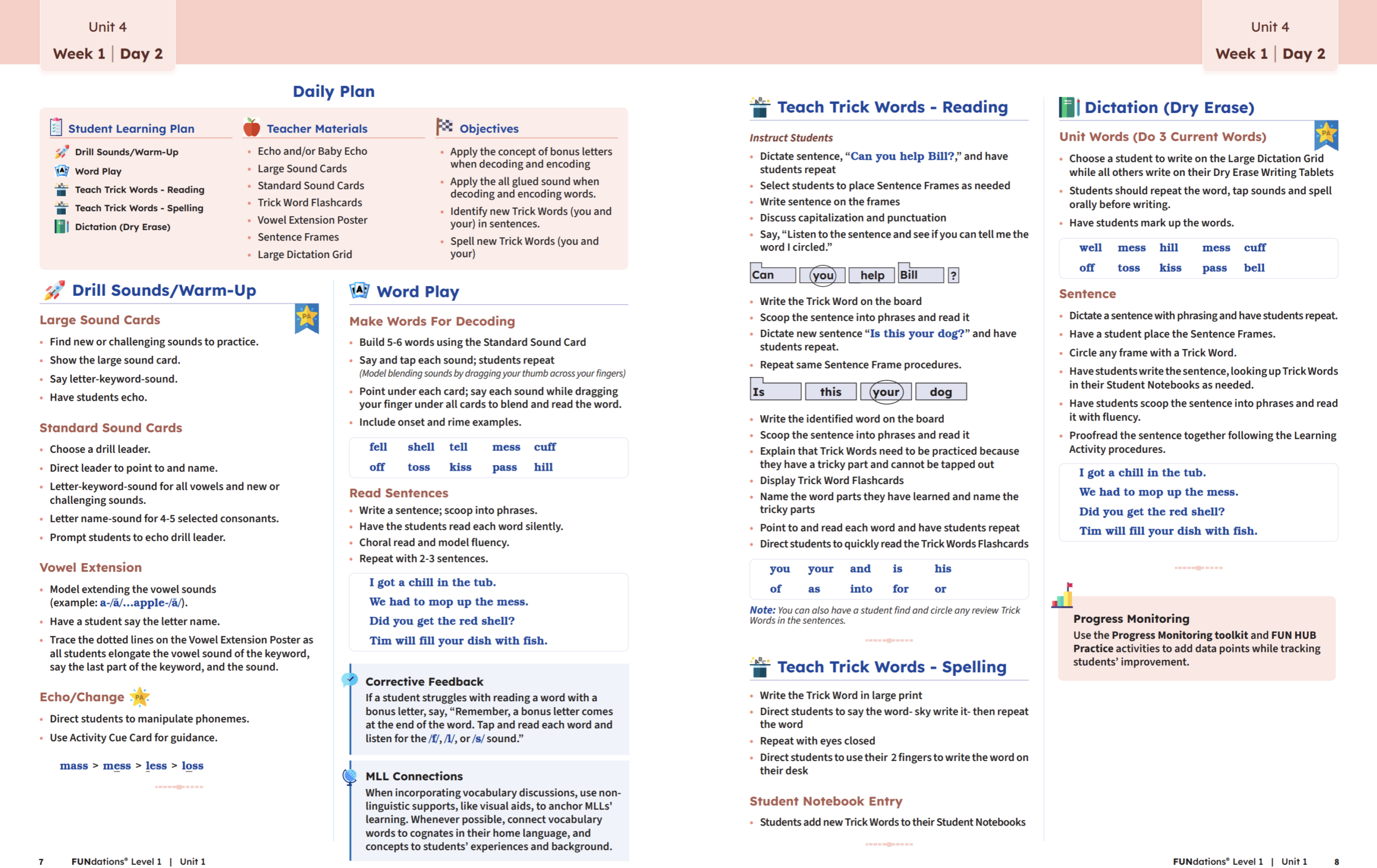 Fundations Level 1 Unit 4, Week 1, Day 2 daily plan, teacher materials, and student activities.