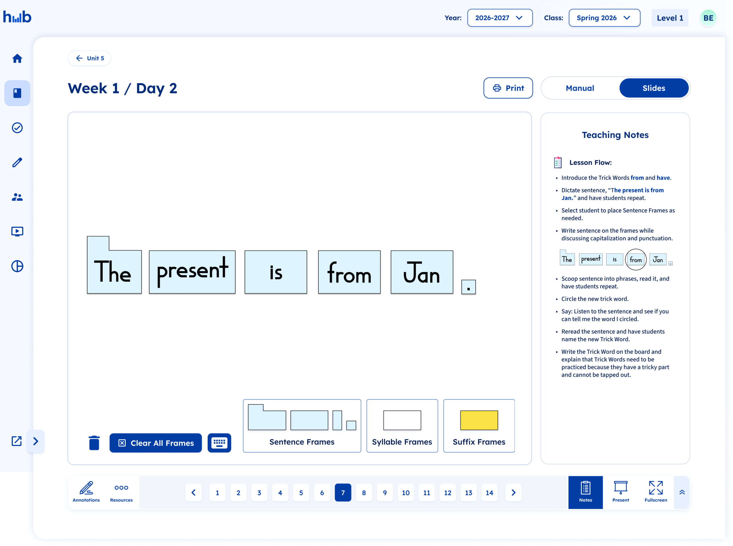 Fundations Week 1 Day 2 lesson featuring sentence frames for "The present is from Jan.