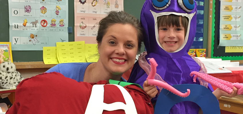 Nicole DeBassio and her daughter, Ali, dressed up as the vowels “a” and “o.”