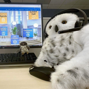 Mama and baby Echo in front of a computer for the virtual conference