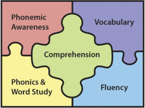 The five components of reading coming together as puzzle pieces 