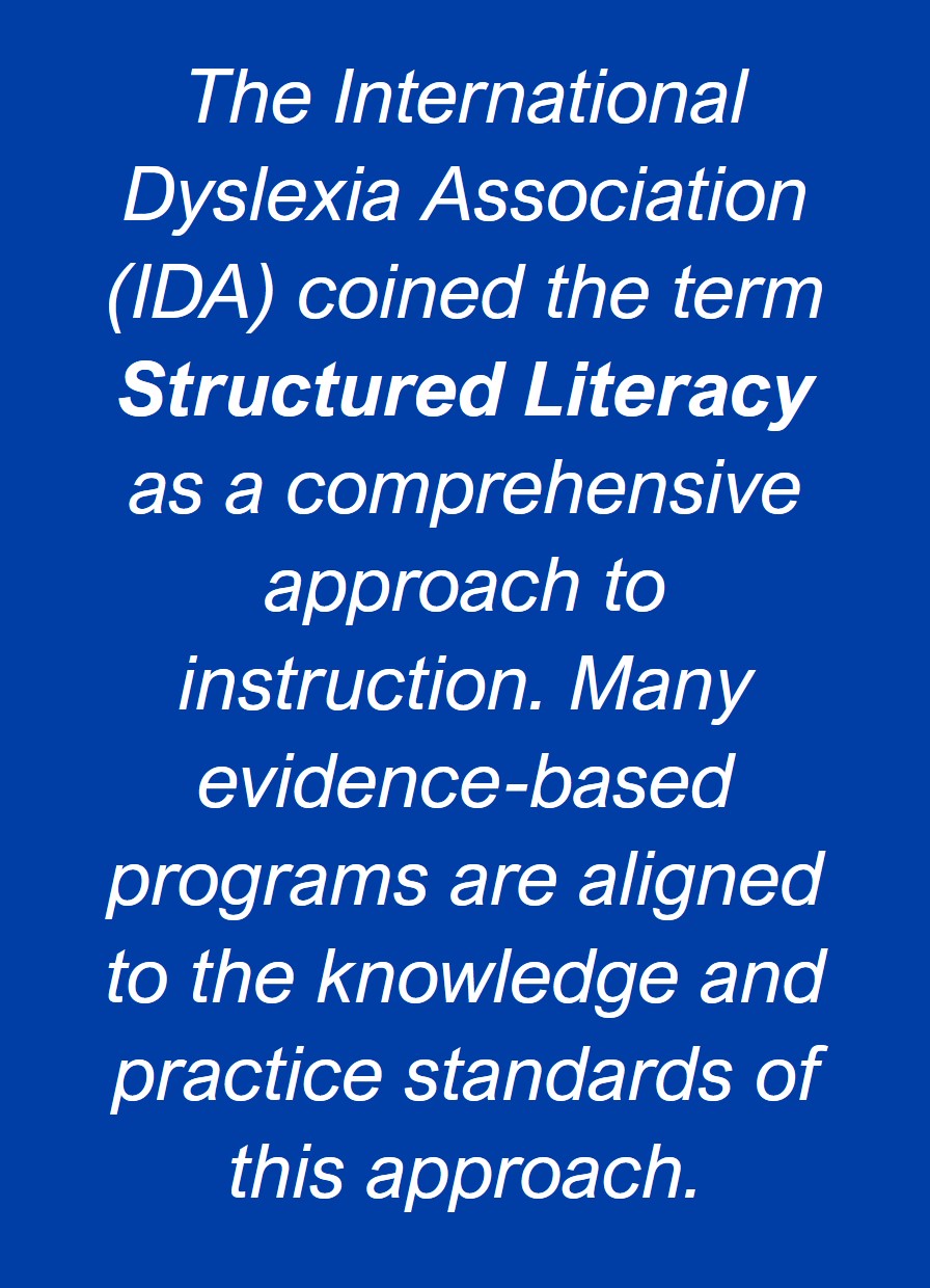 Buhman-SL-3 The International Dyslexia Association (IDA) coined the term Structured Literacy as a comprehensive approach to instruction. Many evidence-based programs are aligned to the knowledge and practice standards of this approach.
