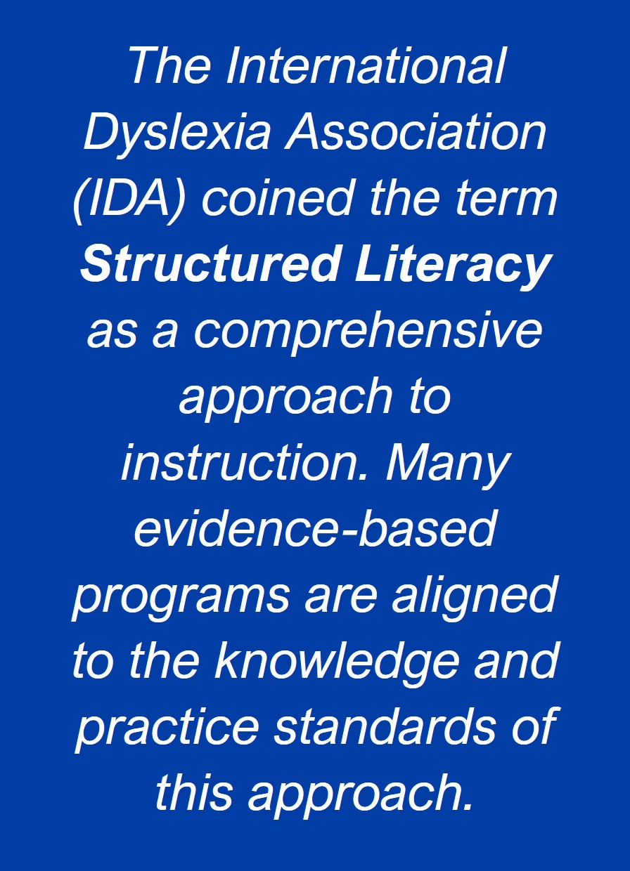 The International Dyslexia Association (IDA) coined the term Structured Literacy as a comprehensive approach to instruction. Many evidence-based programs are aligned to the knowledge and practice standards of this approach.