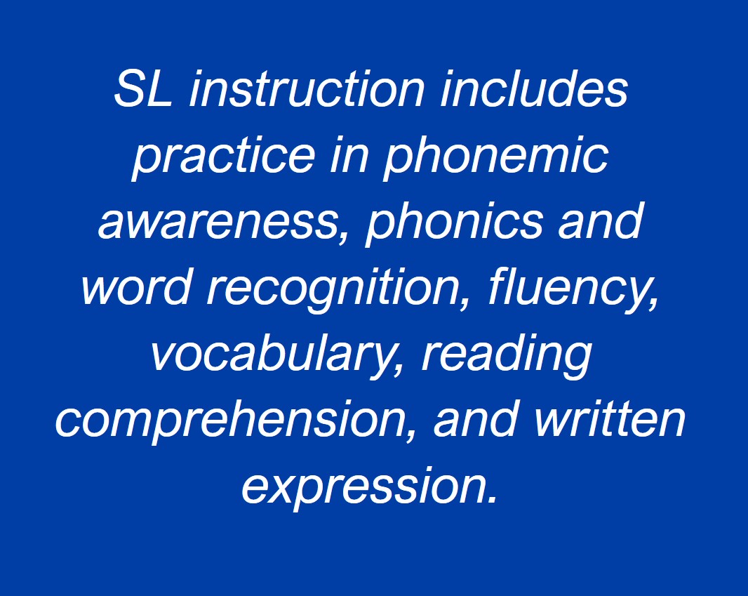 SL instruction includes practice in phonemic awareness, phonics and word recognition, fluency, vocabulary, reading comprehension, and written expression.