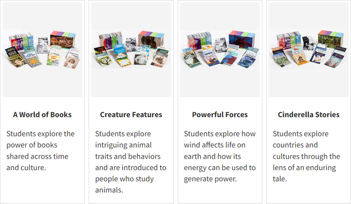 Image showing four educational series of books for students. Each series has a title: A World of Books, Creature Features, Powerful Forces, and Cinderella Stories, and descriptions about exploring various topics such as literature, animals, energy, and cultures.