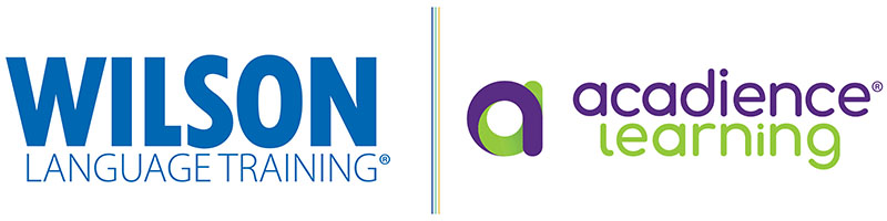 Logos of Wilson Language Training and Acadience Learning are showcased, with Wilson's in bold blue text and Acadience's featuring a stylized lowercase a adorned in vibrant green and purple.