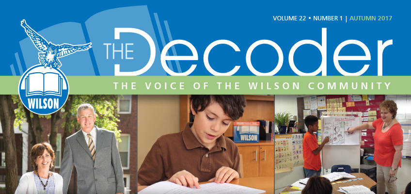 Cover of The Decoder magazine, Autumn 2017. Features images of a man and woman outdoors, a boy reading, and a teacher with students in a classroom. The text includes the magazine's title and slogan, The Voice of the Wilson Community.