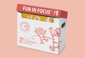 A Fun in Focus™ Level 1 boxed set on a peach-colored background. The box features red illustrations of children playing and a smiling sun, along with the Fun in Focus™ logo and branding.