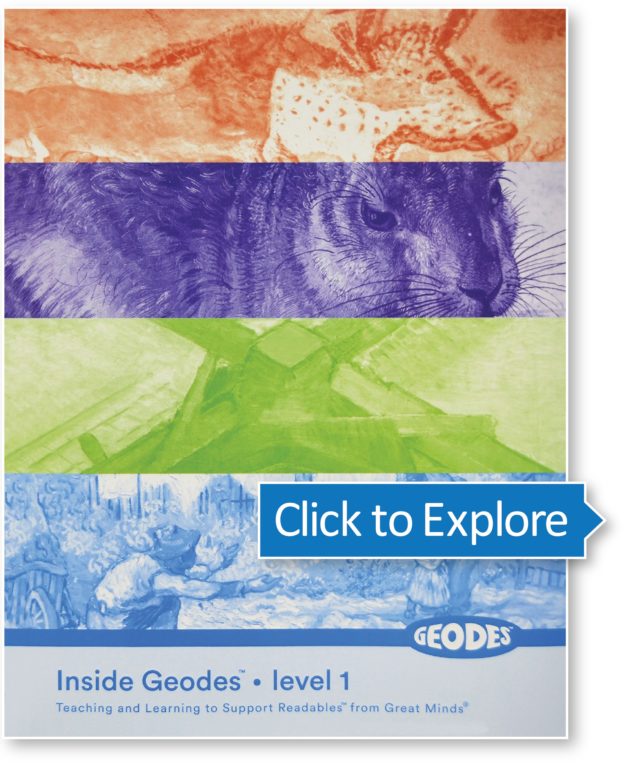 The image shows the cover of a book titled Inside Geodes: Level 1. The cover features four horizontal colored sections: orange with an illustration of a leopard, purple with an illustration of a beaver, green with a geometrical shape, and blue with an image of a farm. There is a Click to Explore button.
