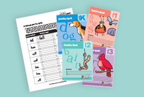 A set of colorful practice books and a worksheet displayed on a light teal background. The books feature illustrations of a dog, a worm on a hook, a ladybug, and a red bird, labeled 'Practice Book K,' 'Practice Book 12,' and 'Practice Book 13.' The worksheet includes a word list with fill-in-the-blank activities.