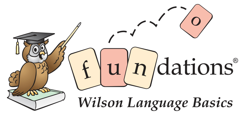 An owl wearing a graduation cap holds a pointer and stands on a book. The text fundations is spelled out with letter blocks, and the tagline reads Wilson Language Basics. A single letter O block appears to be falling into place.