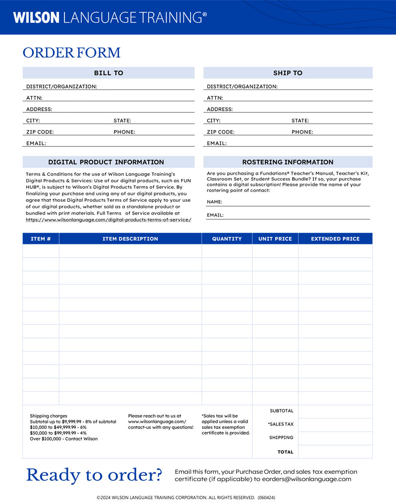 Order form for Wilson Language Training, including sections for billing and shipping information, digital product information, and rostering information. The form also has fields for item numbers, descriptions, quantities, and unit prices.