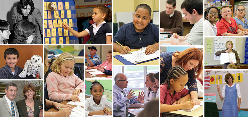 A collage showing various educational settings: students writing, pointing at a chart, and reading; teachers engaging with students in classrooms; a man and woman smiling; a teacher with a puppet; and a woman presenting with papers.