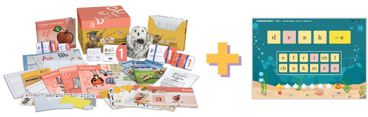 A Fundations® Level 1 bundle featuring physical materials, including instructional guides, cards, student notebooks, practice items, and an owl puppet. To the right is a digital learning activity showing a Fundations® Level 1 screen with letter tiles forming words and an underwater theme. A plus sign connects the physical and digital components.