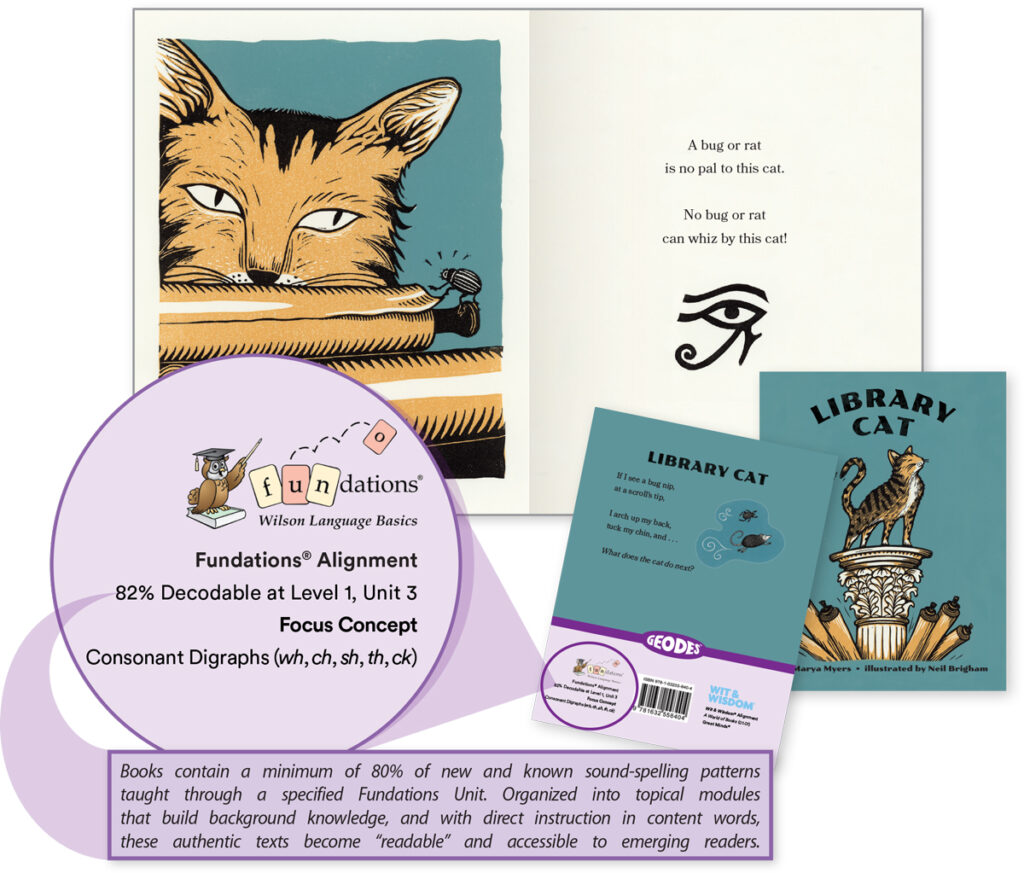 Image of a children's book titled "Library Cat" featuring a cat. An open page shows a cat and a saying about a bug or rat. There's a purple text box highlighting the book's focus on consonant digraphs (wh, ch, sh, th, ck) for educational purposes.