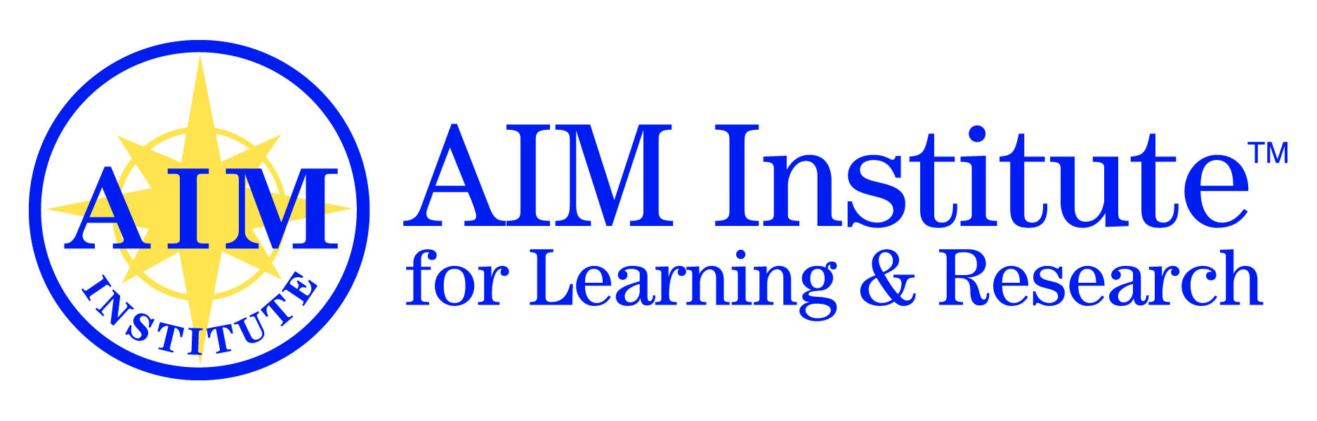 Logo of AIM Institute for Learning & Research. It features the acronym "AIM" in blue inside a compass design on the left, followed by the text "AIM Institute" and "for Learning & Research" in blue on the right.