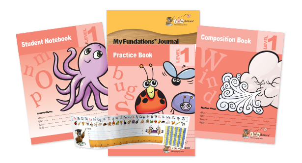 Three educational books for young learners are shown. From left to right: Student Notebook with an octopus, My Fundations Journal Practice Book with a bug, and Composition Book with a cloud. A colorful alphabet strip is also visible.