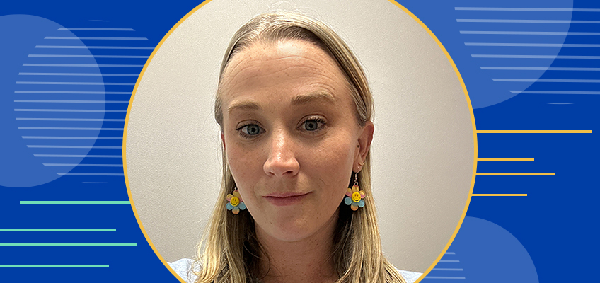 A person with long, light hair is wearing floral earrings and looking at the camera. The background features a blue design with abstract circles and lines, framed by a yellow circle around the portrait.