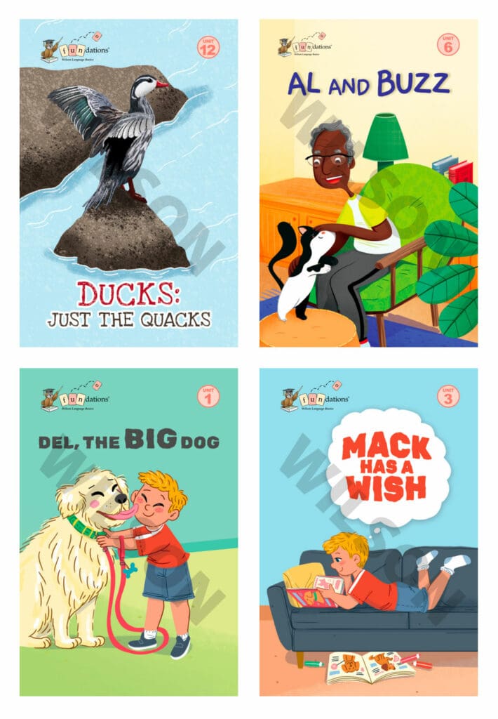 Four illustrated children's book covers from the Fundations series are shown. The top left cover features a duck standing on rocks in water with the title Ducks: Just the Quacks (Unit 12). The top right shows an older person petting a black-and-white dog, titled Al and Buzz (Unit 6). The bottom left has a smiling boy hugging a large golden dog, titled Del, the Big Dog (Unit 1). The bottom right shows the same boy lying on a couch reading, with the title Mack Has a Wish (Unit 3). Each cover has the Fundations logo and playful, colorful illustrations.